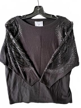 LIV Milano Black Embellished Long Batwing sheer Sleeves Sweater - Size L NWT